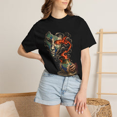 Smoke Oracle Tee worn Printify context view on a Black Comfort Colors 1717 tee