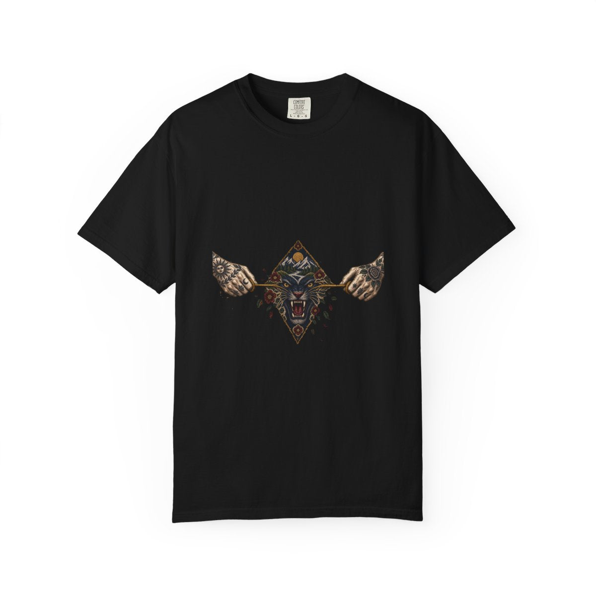 Last Golden Thread Tee large front print on a Black Comfort Colors 1717 tee