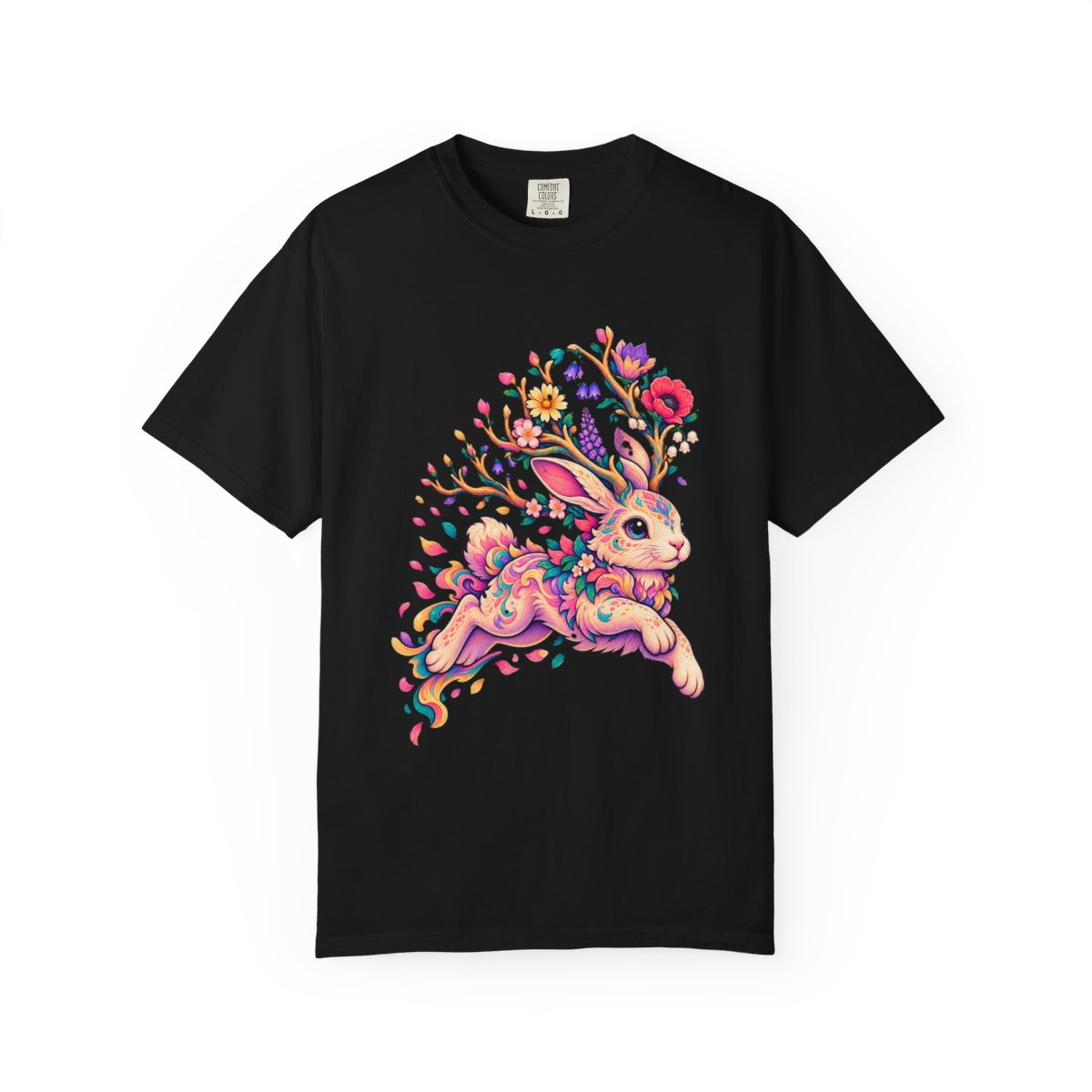 Antler Rabbit Tee large front print on a Black Comfort Colors 1717 tee