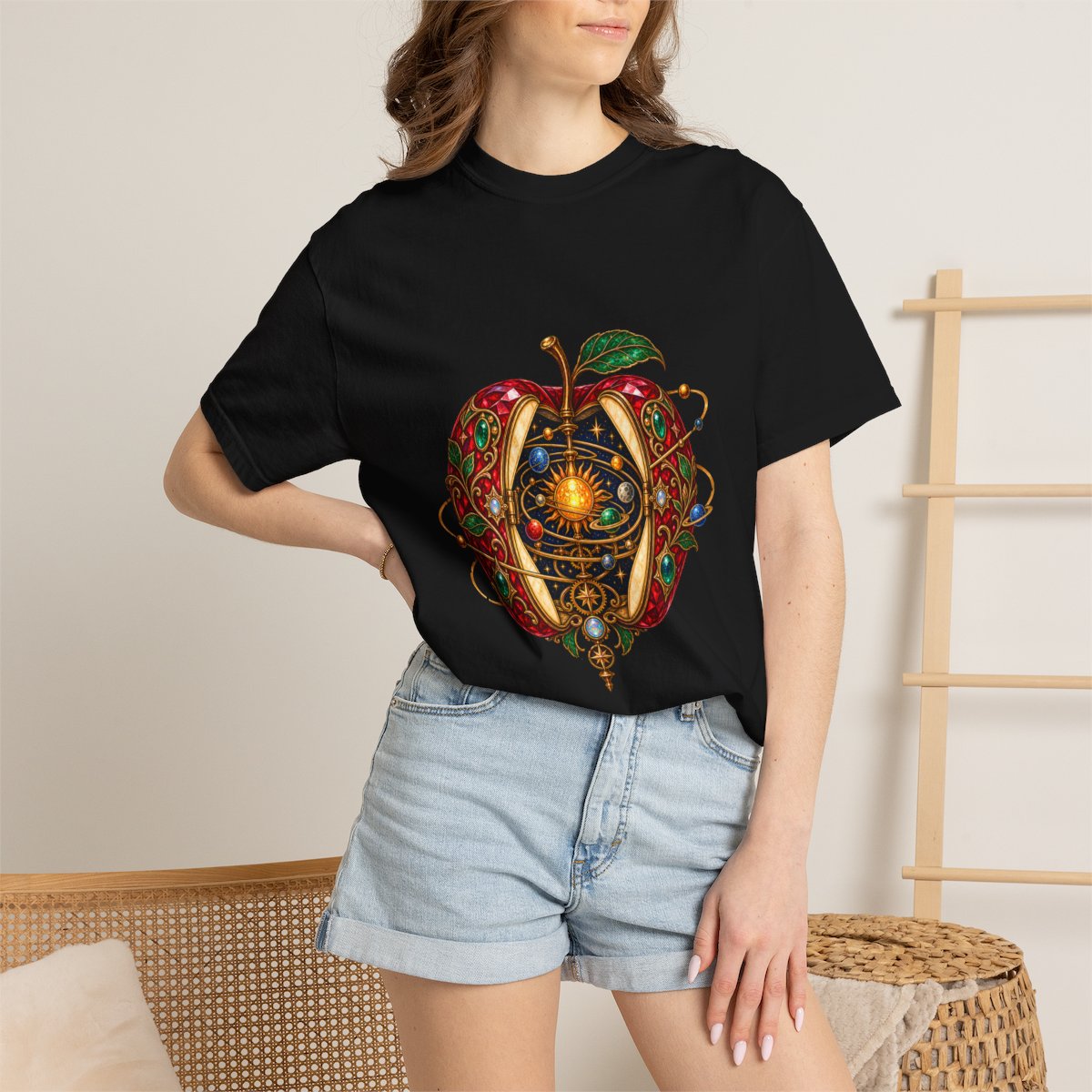Apple Orrery Tee worn Printify context view on a Black Comfort Colors 1717 tee