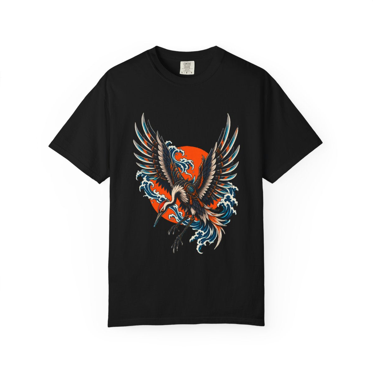 Blade Crane Tee large front print on a Black Comfort Colors 1717 tee