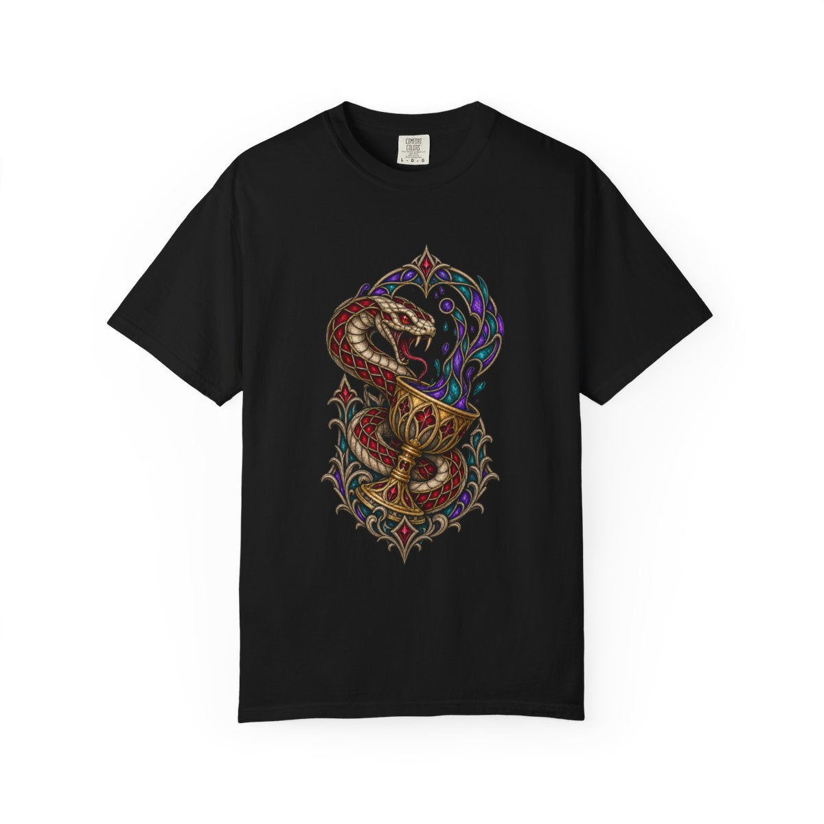 Chalice Serpent Tee large front print on a Black Comfort Colors 1717 tee