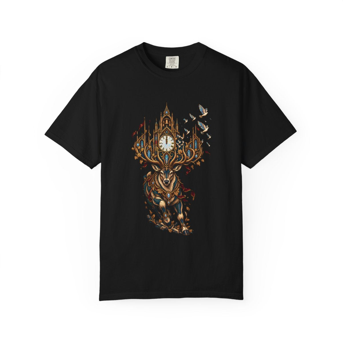 Clocktower Stag Tee large front print on a Black Comfort Colors 1717 tee