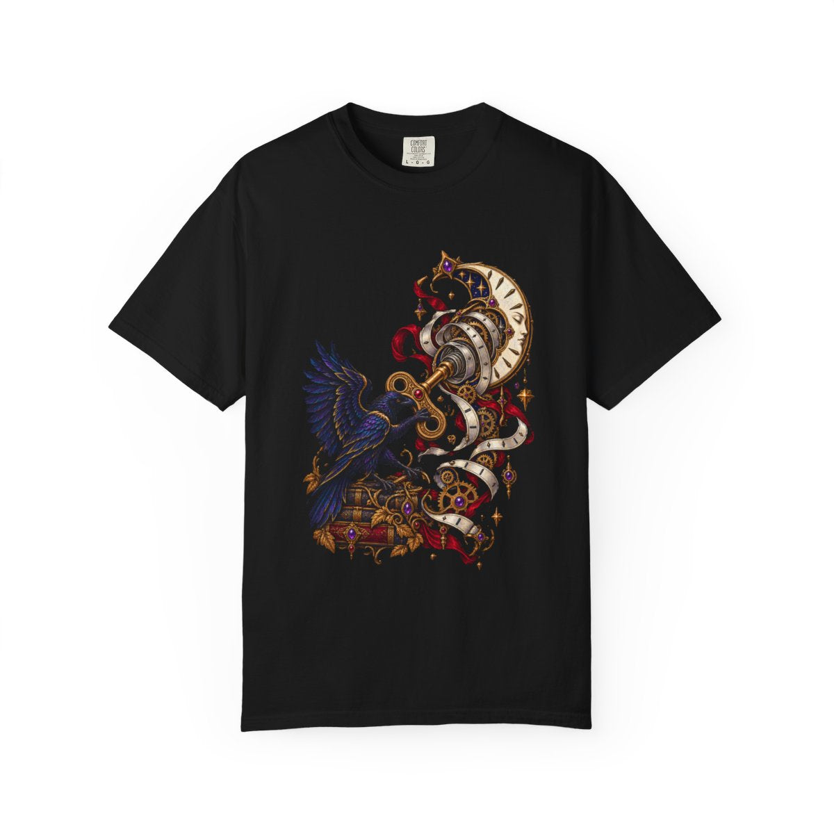 Clockwinder Raven Tee large front print on a Black Comfort Colors 1717 tee