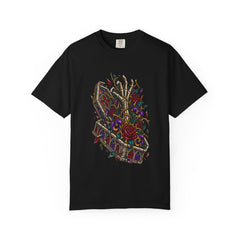 Coffin Garden Tee large front print on a Black Comfort Colors 1717 tee