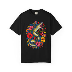 Eel Snare Tee large front print on a Black Comfort Colors 1717 tee