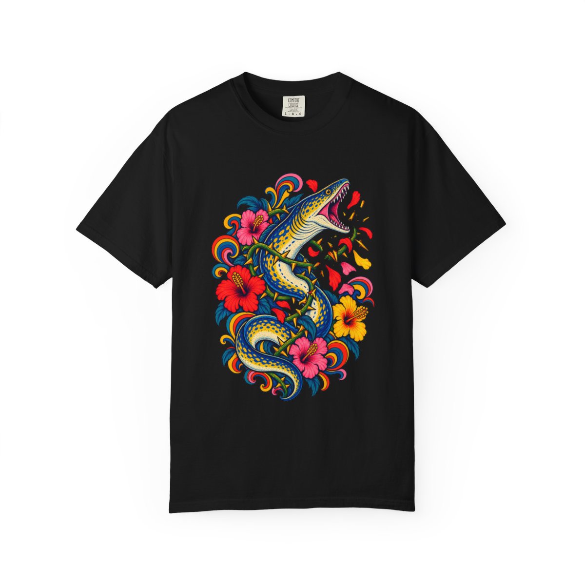 Eel Snare Tee large front print on a Black Comfort Colors 1717 tee