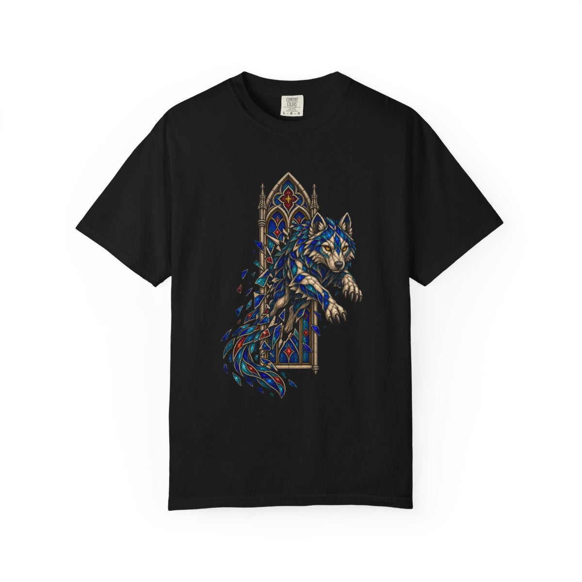 Glass Wolf Escape Tee large front print on a Black Comfort Colors 1717 tee