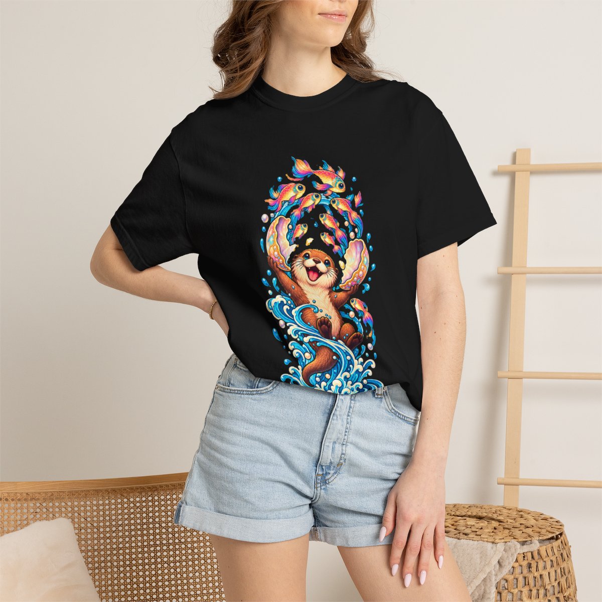 Lantern Otter Tee worn Printify context view on a Black Comfort Colors 1717 tee