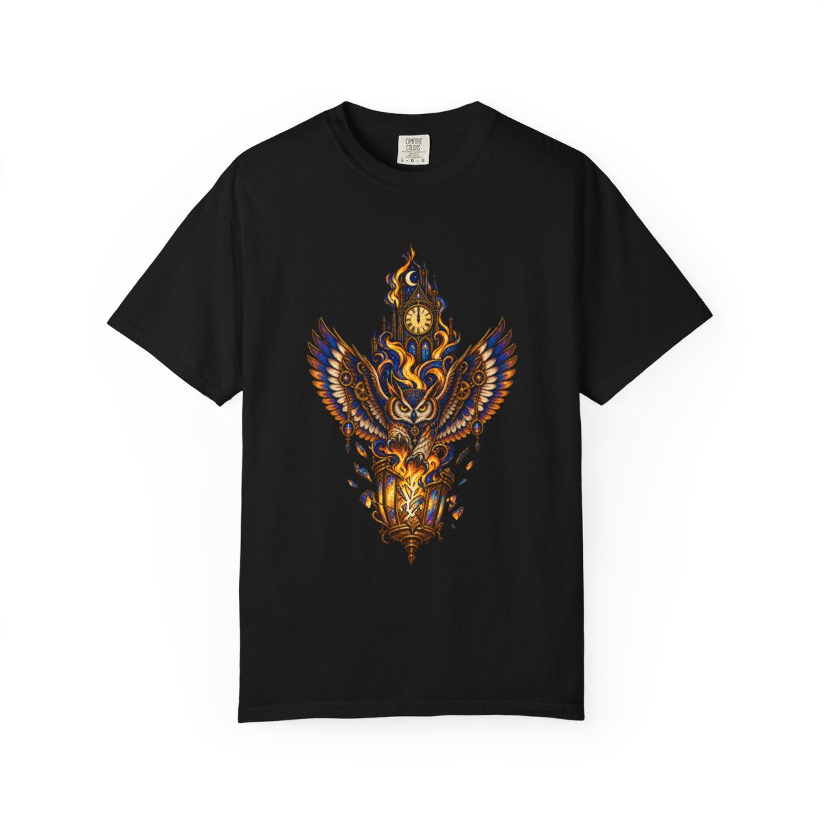 Lantern Owl Tee large front print on a Black Comfort Colors 1717 tee