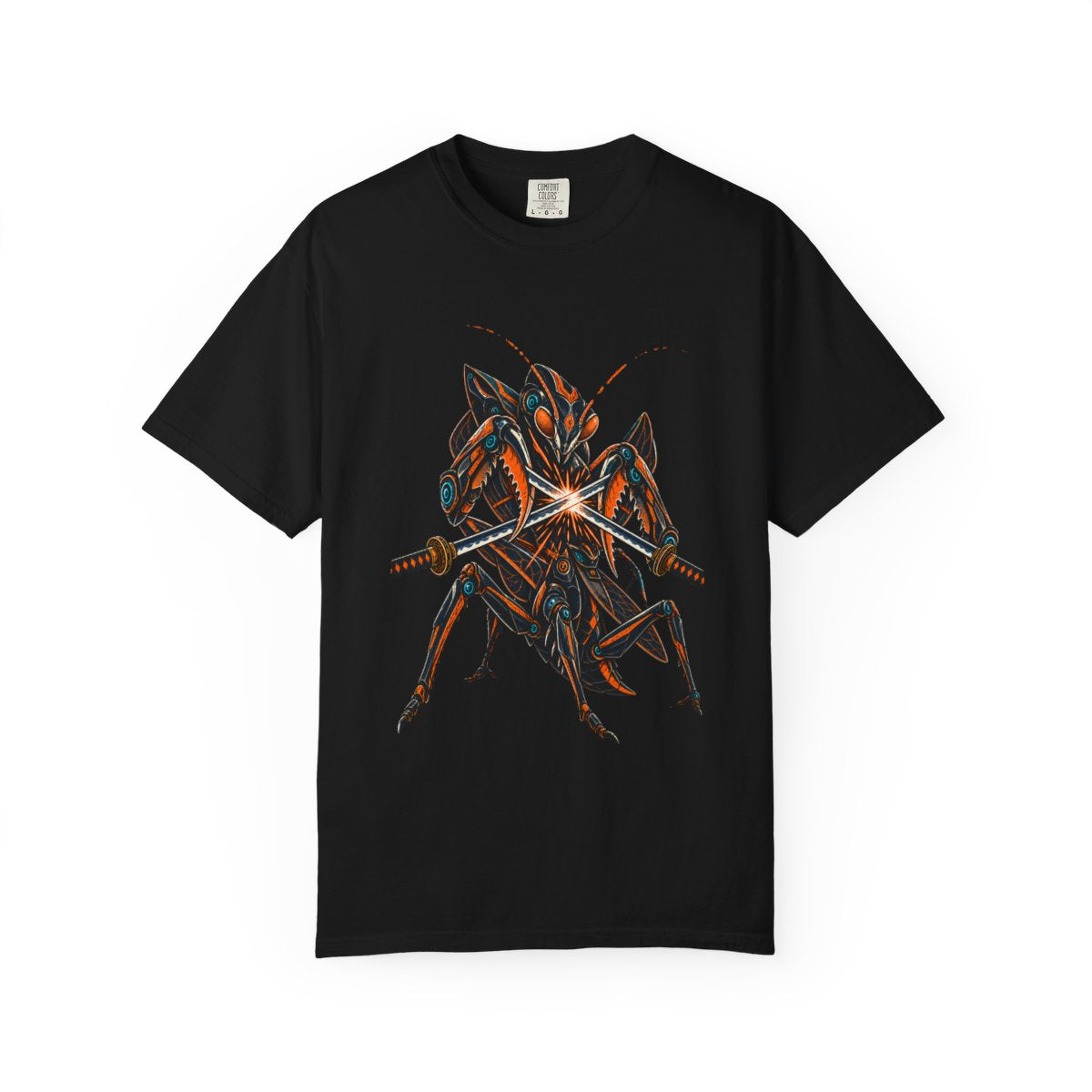 Mantis Duel Tee large front print on a Black Comfort Colors 1717 tee