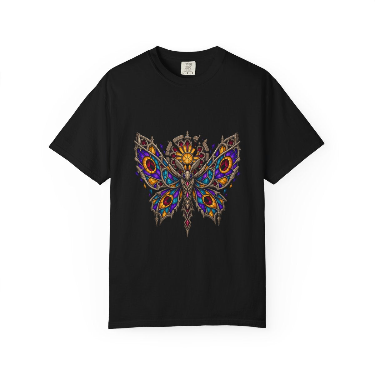 Mosaic Moth Tee large front print on a Black Comfort Colors 1717 tee