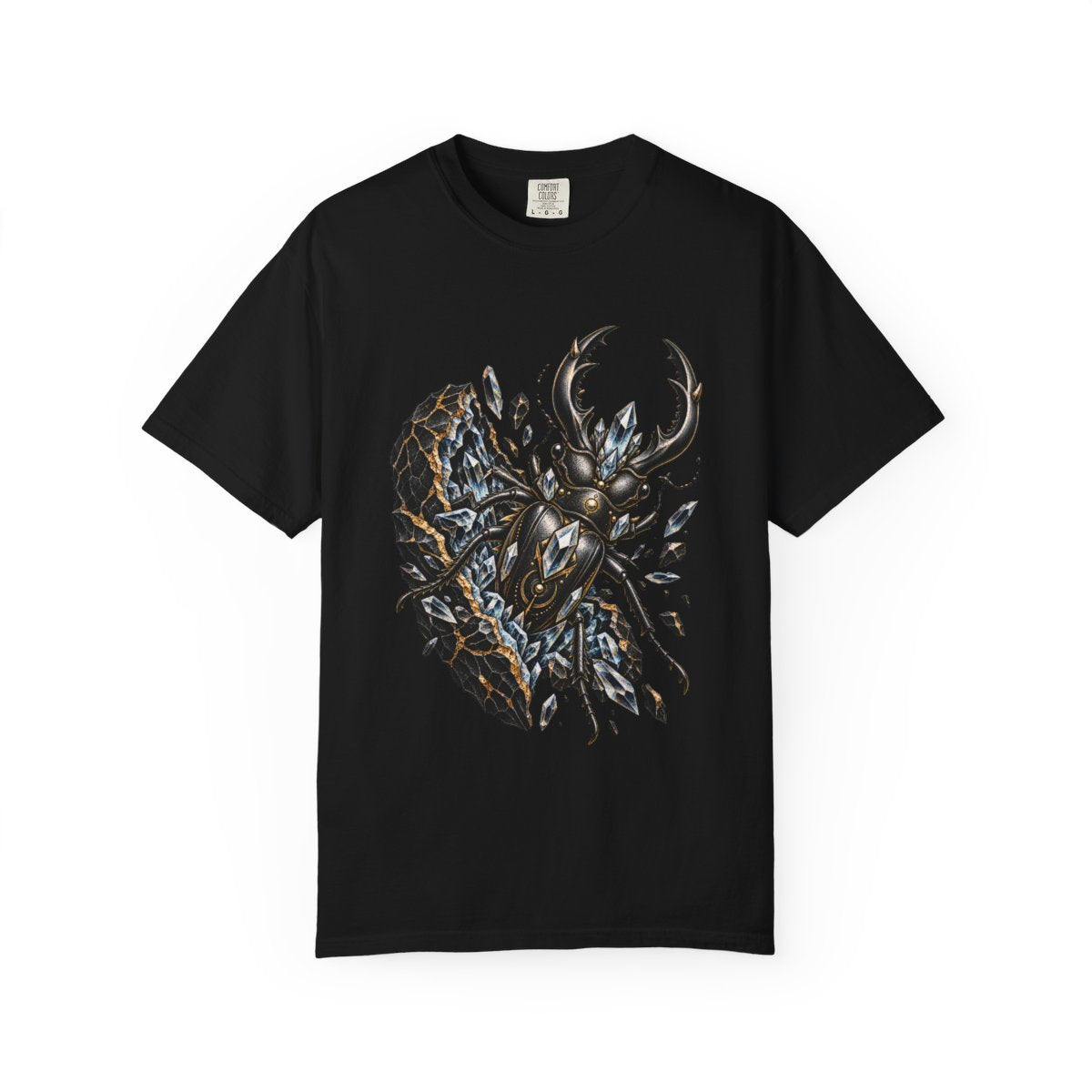 Obsidian Beetle Tee large front print on a Black Comfort Colors 1717 tee