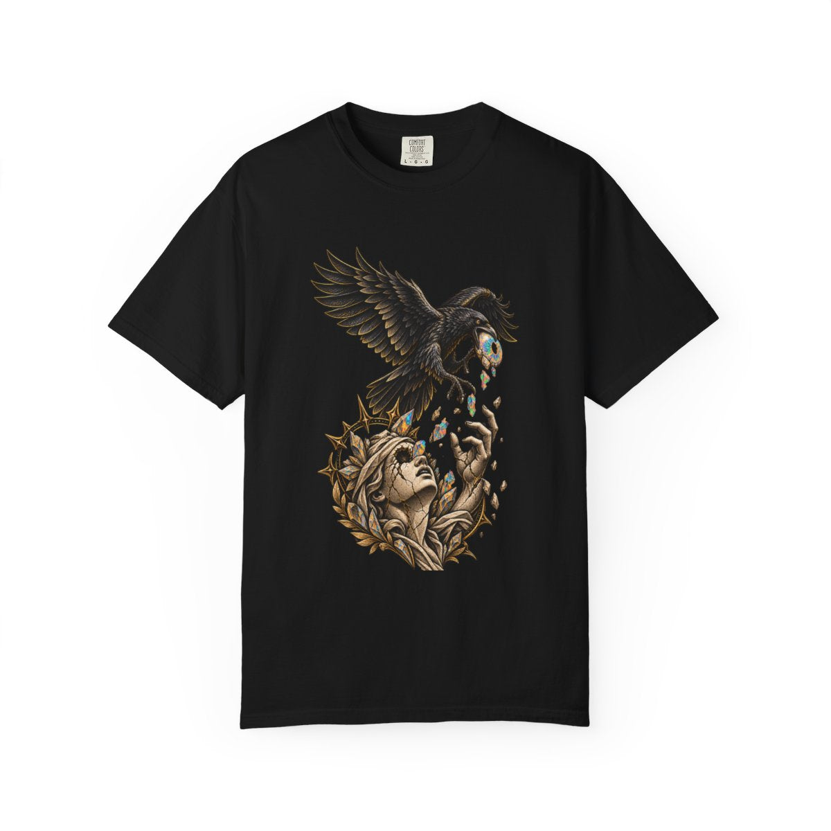 Opal Thief Tee large front print on a Black Comfort Colors 1717 tee