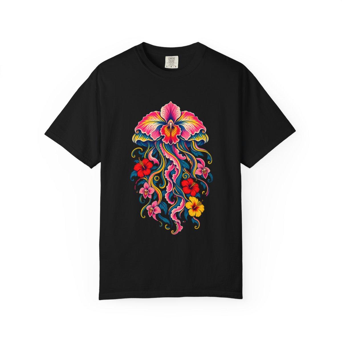 Orchid Jelly Tee large front print on a Black Comfort Colors 1717 tee