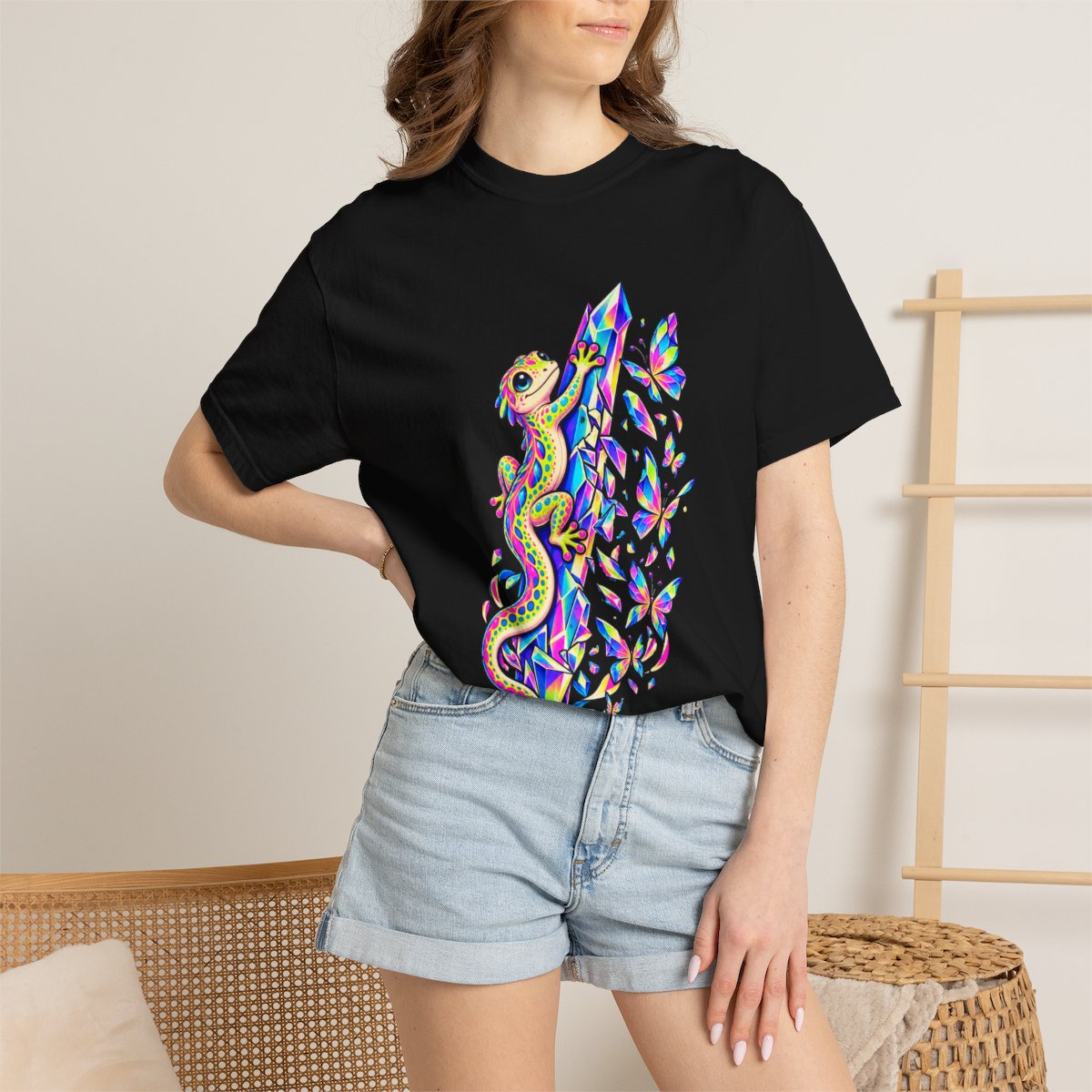 Prism Gecko Tee worn Printify context view on a Black Comfort Colors 1717 tee