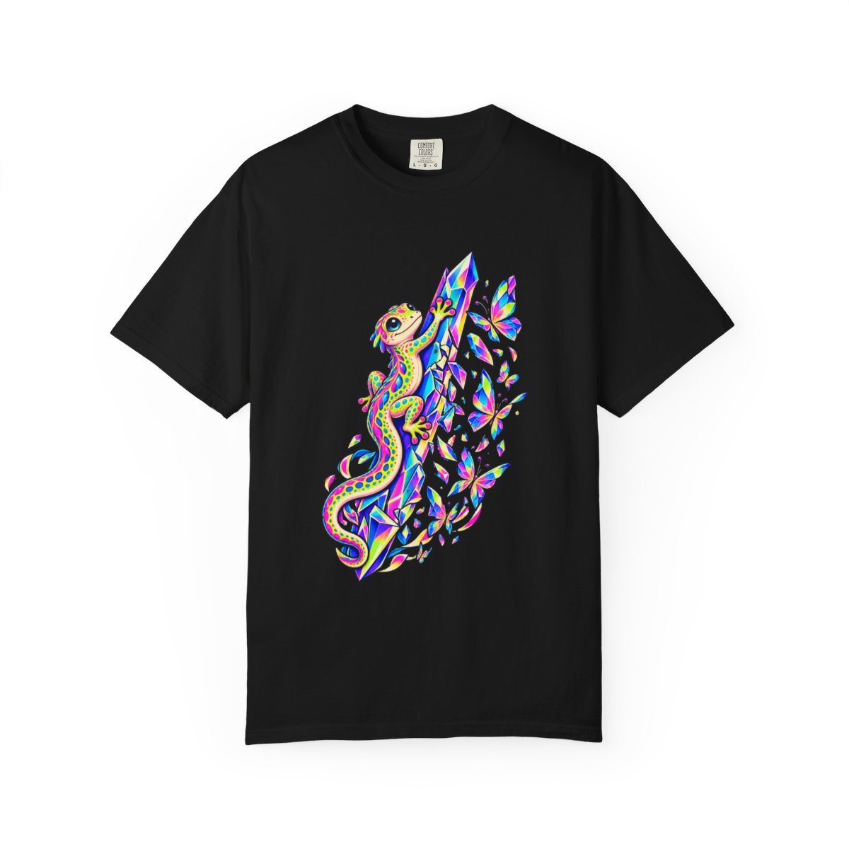 Prism Gecko Tee large front print on a Black Comfort Colors 1717 tee