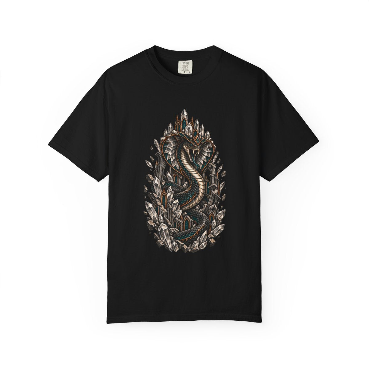 Quartz Cobra Tee large front print on a Black Comfort Colors 1717 tee