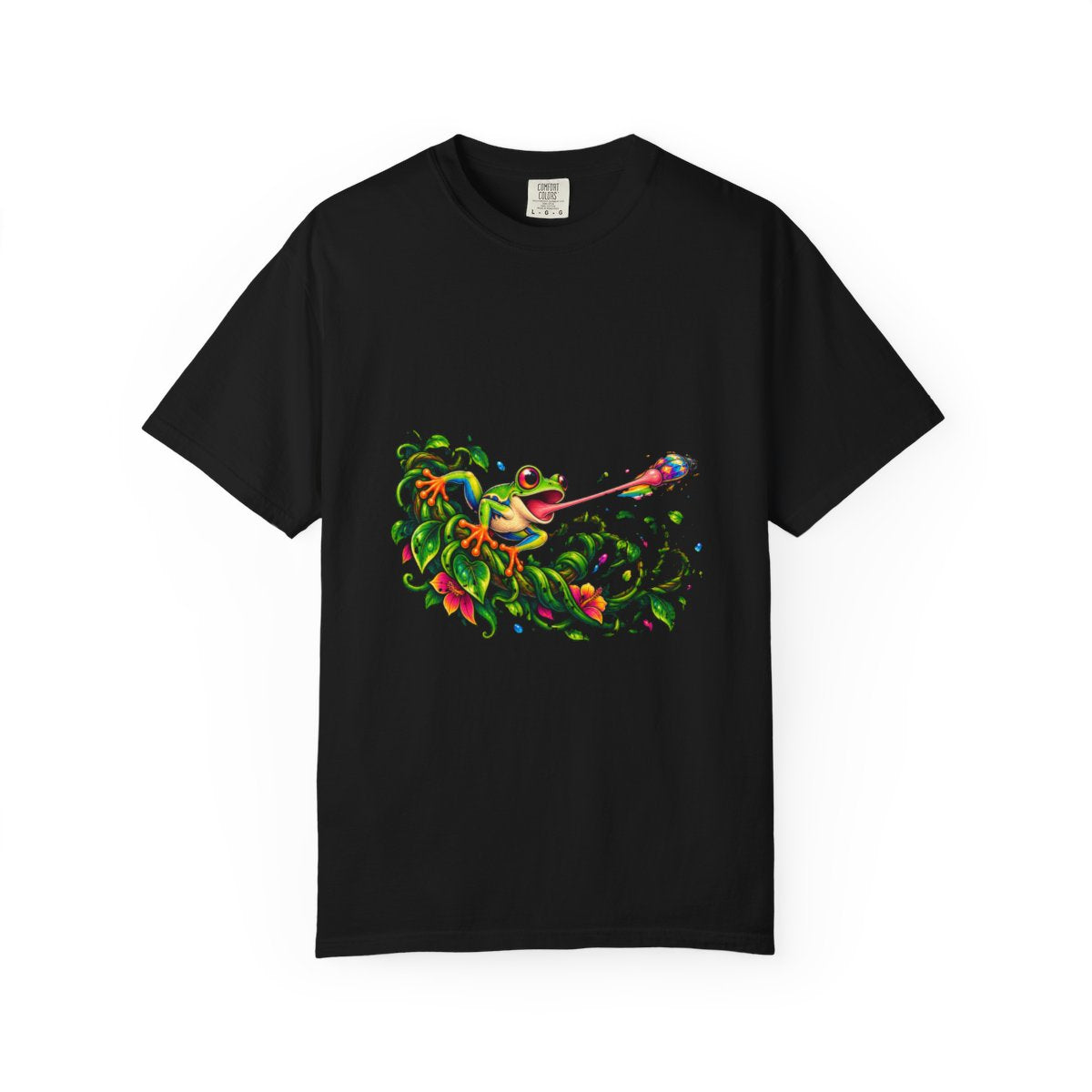 Rainbow Frog Tee large front print on a Black Comfort Colors 1717 tee