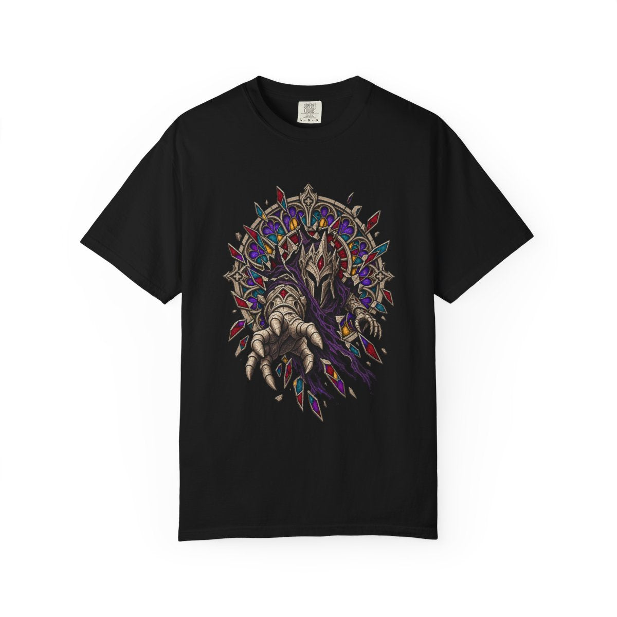 Rose Window Wraith Tee large front print on a Black Comfort Colors 1717 tee