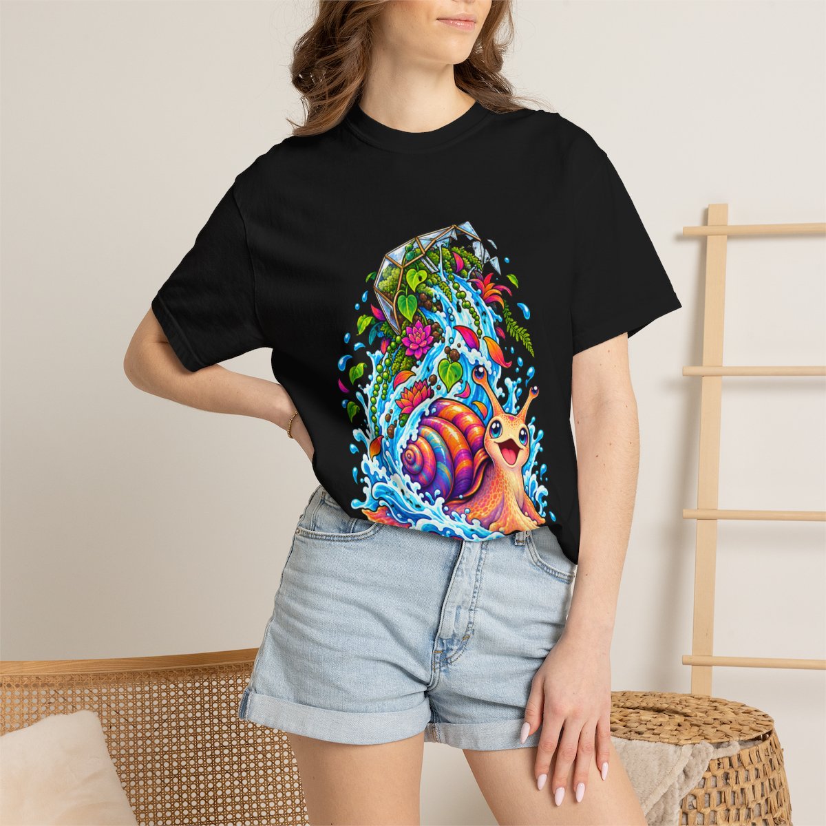 Waterfall Snail Tee worn Printify context view on a Black Comfort Colors 1717 tee