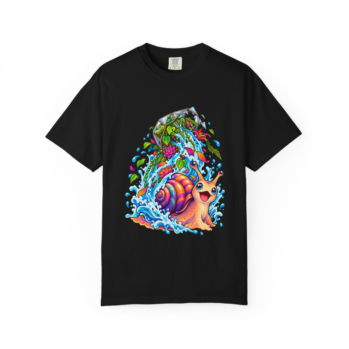 Waterfall Snail Tee large front print on a Black Comfort Colors 1717 tee