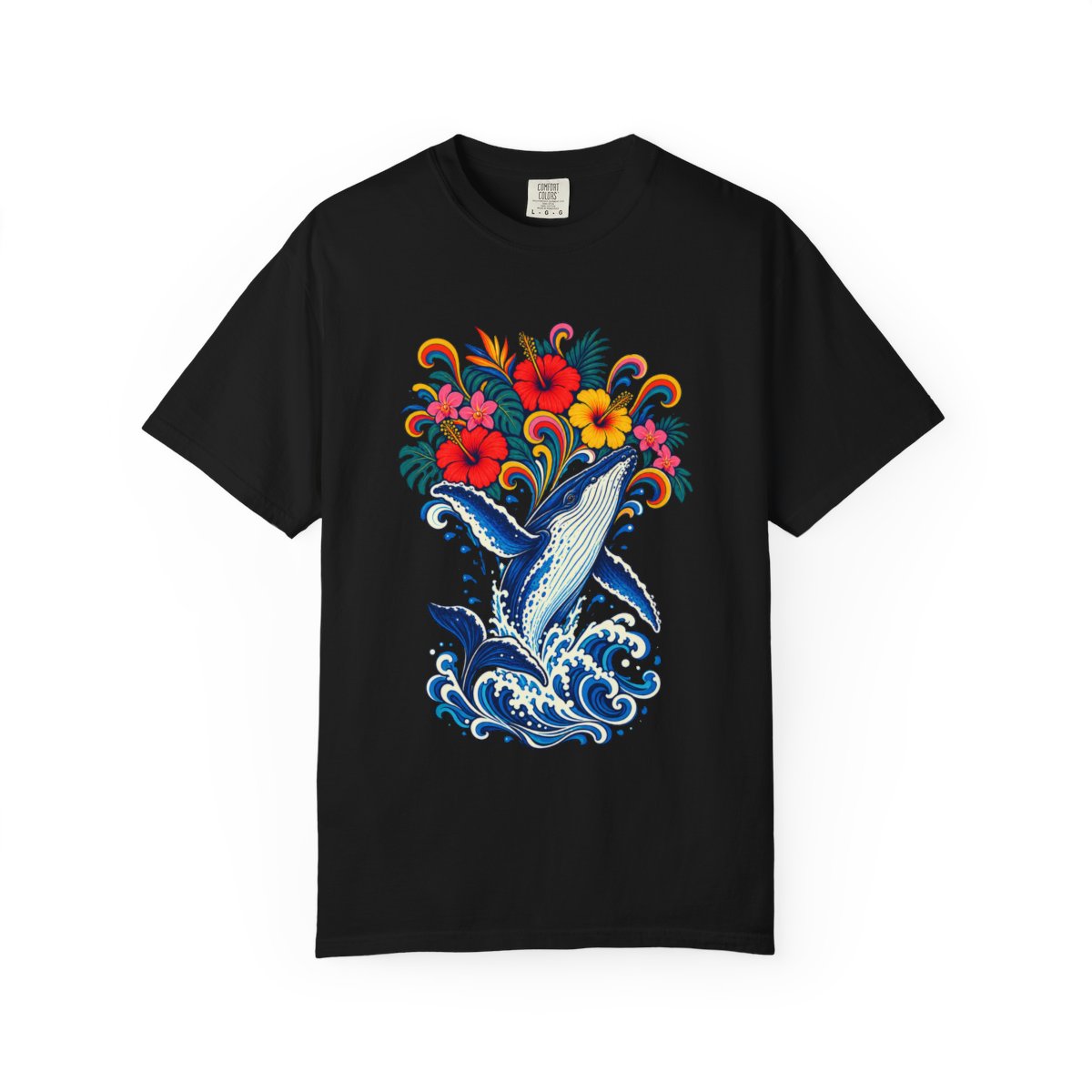 Whale Garden Tee large front print on a Black Comfort Colors 1717 tee