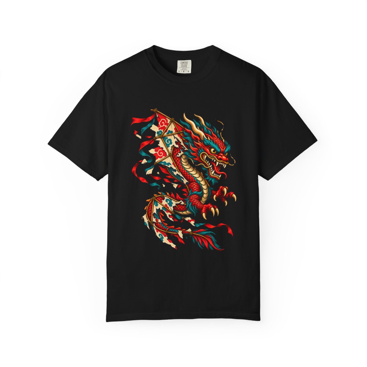 Dragon Kite Tee large front print on a Black Comfort Colors 1717 tee