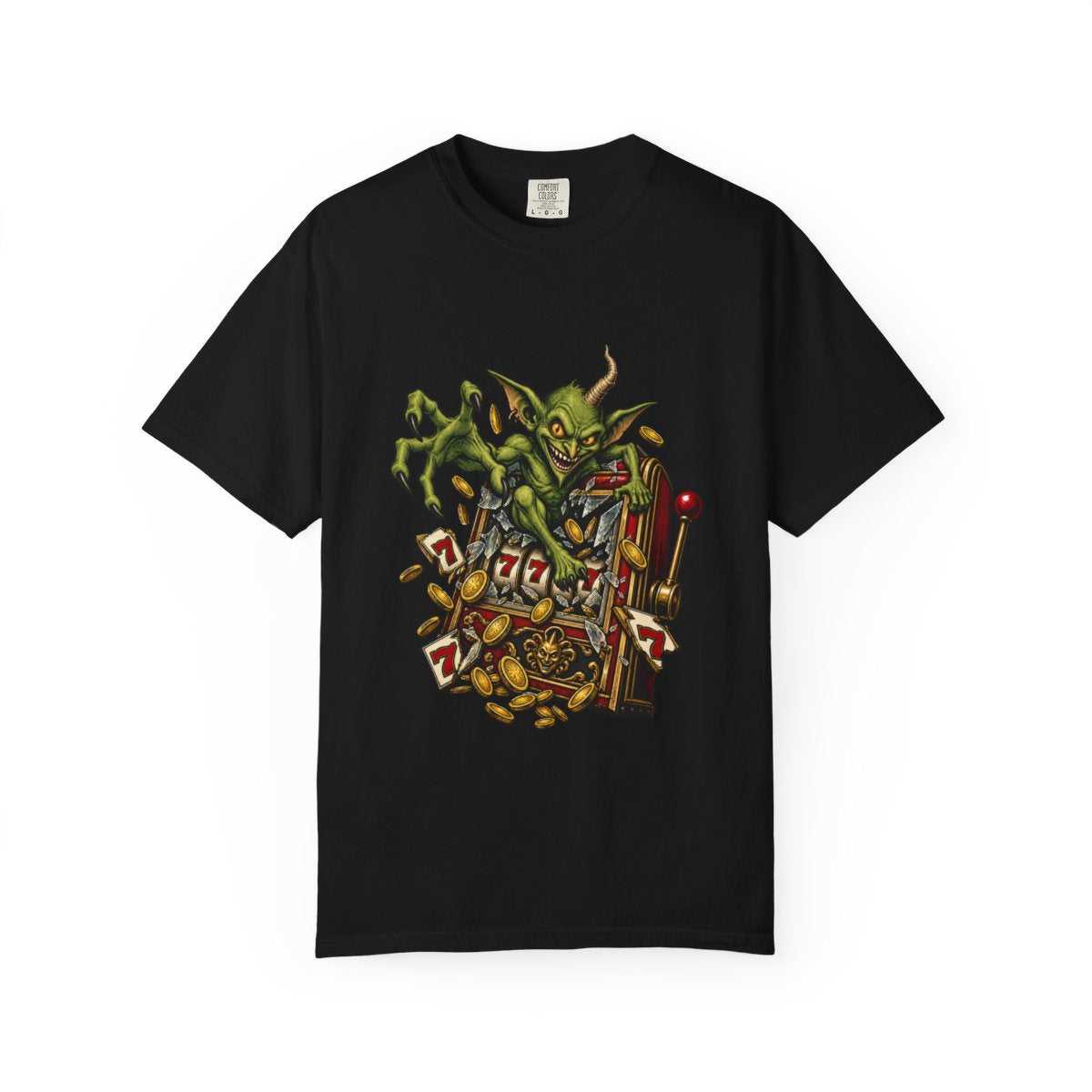Jackpot Imp Tee large front print on a Black Comfort Colors 1717 tee