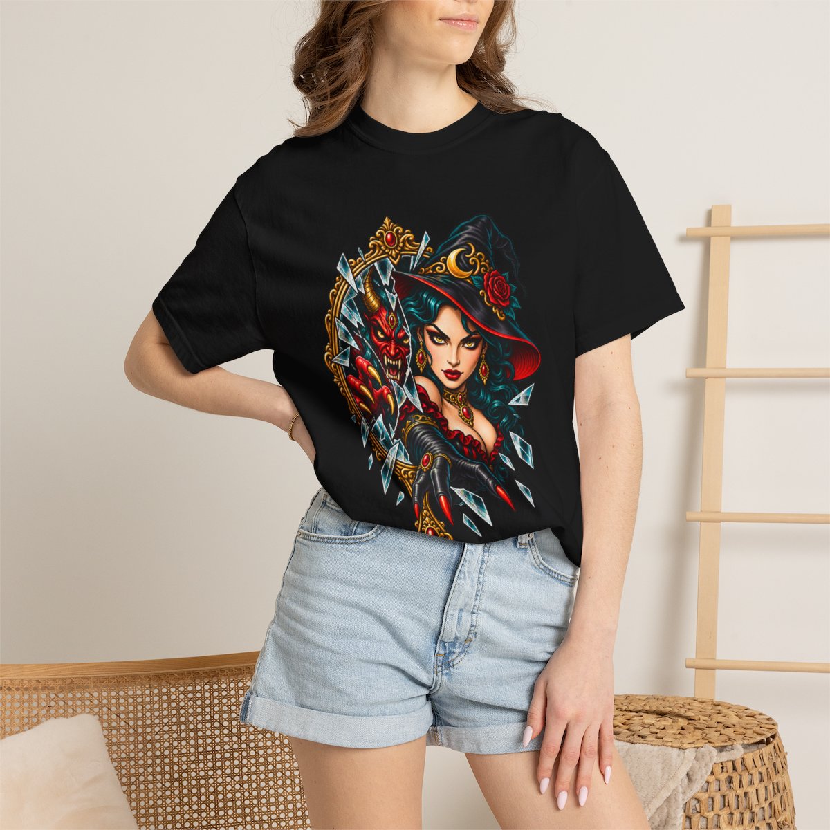 Mirror Witch Tee worn Printify context view on a Black Comfort Colors 1717 tee