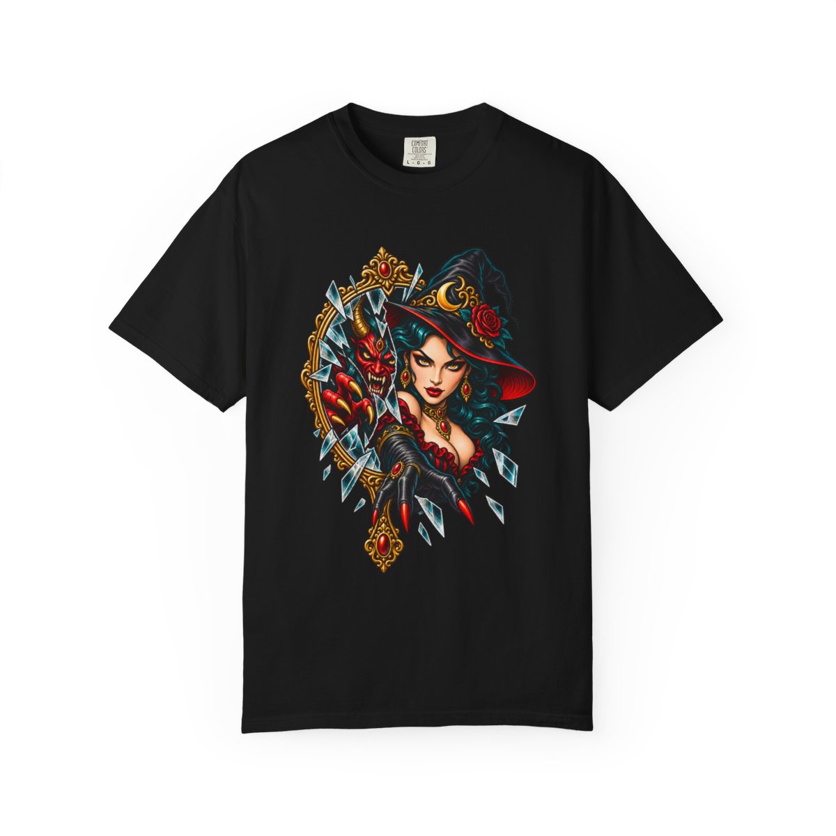 Mirror Witch Tee large front print on a Black Comfort Colors 1717 tee