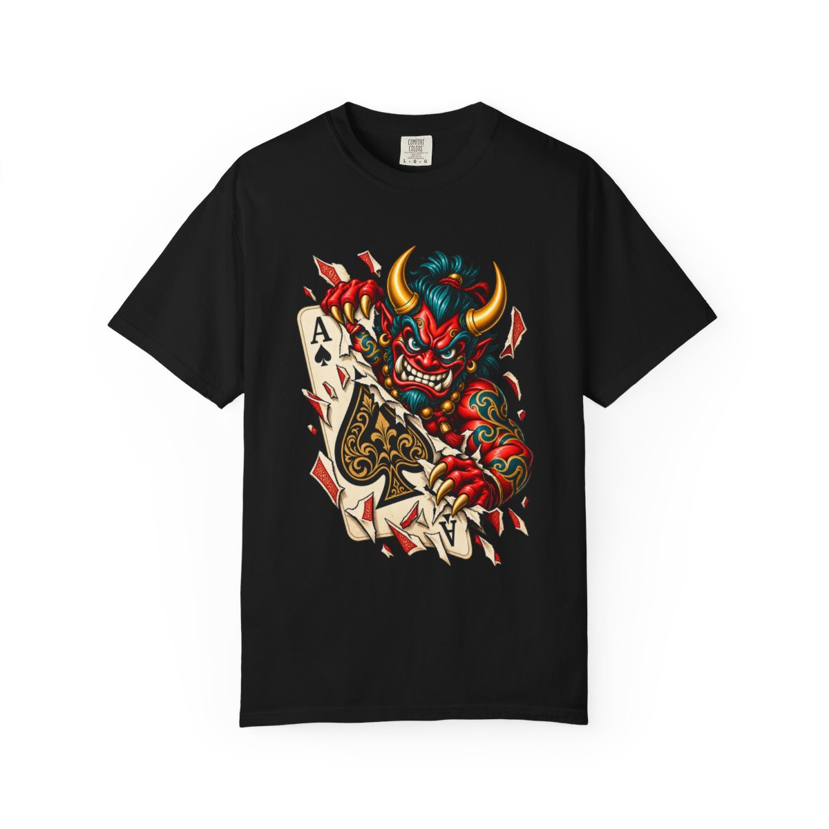Oni Ace Tee large front print on a Black Comfort Colors 1717 tee