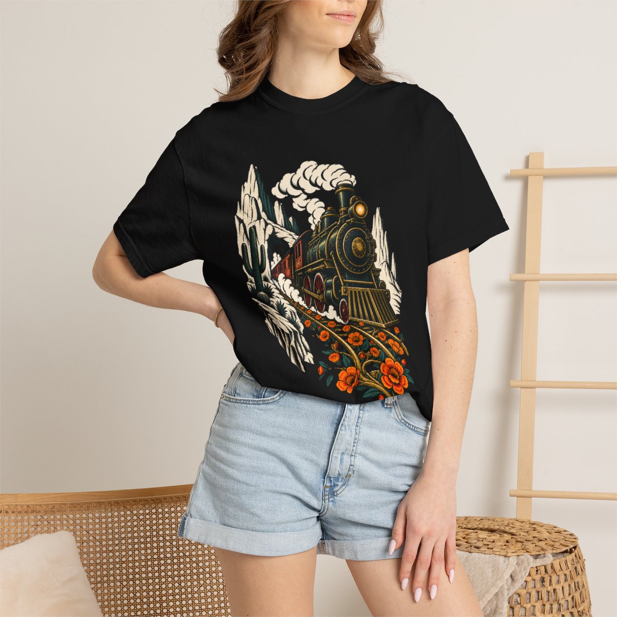 Marigold Express Tee worn Printify context view on a Black Comfort Colors 1717 tee