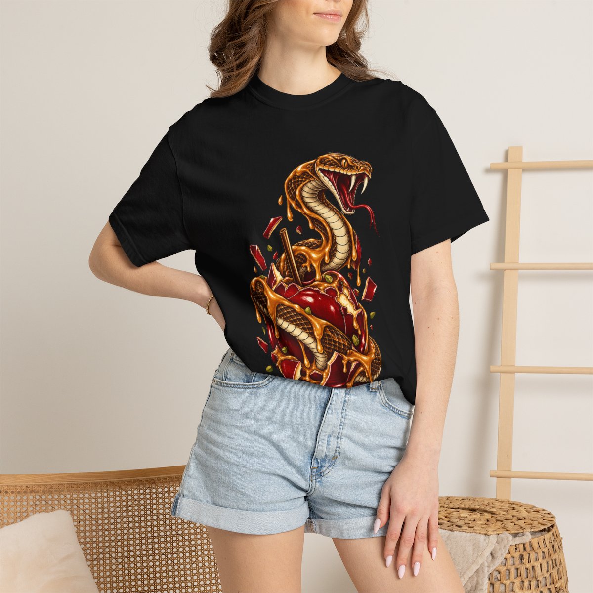 Caramel Viper Tee worn Printify context view on a Black Comfort Colors 1717 tee