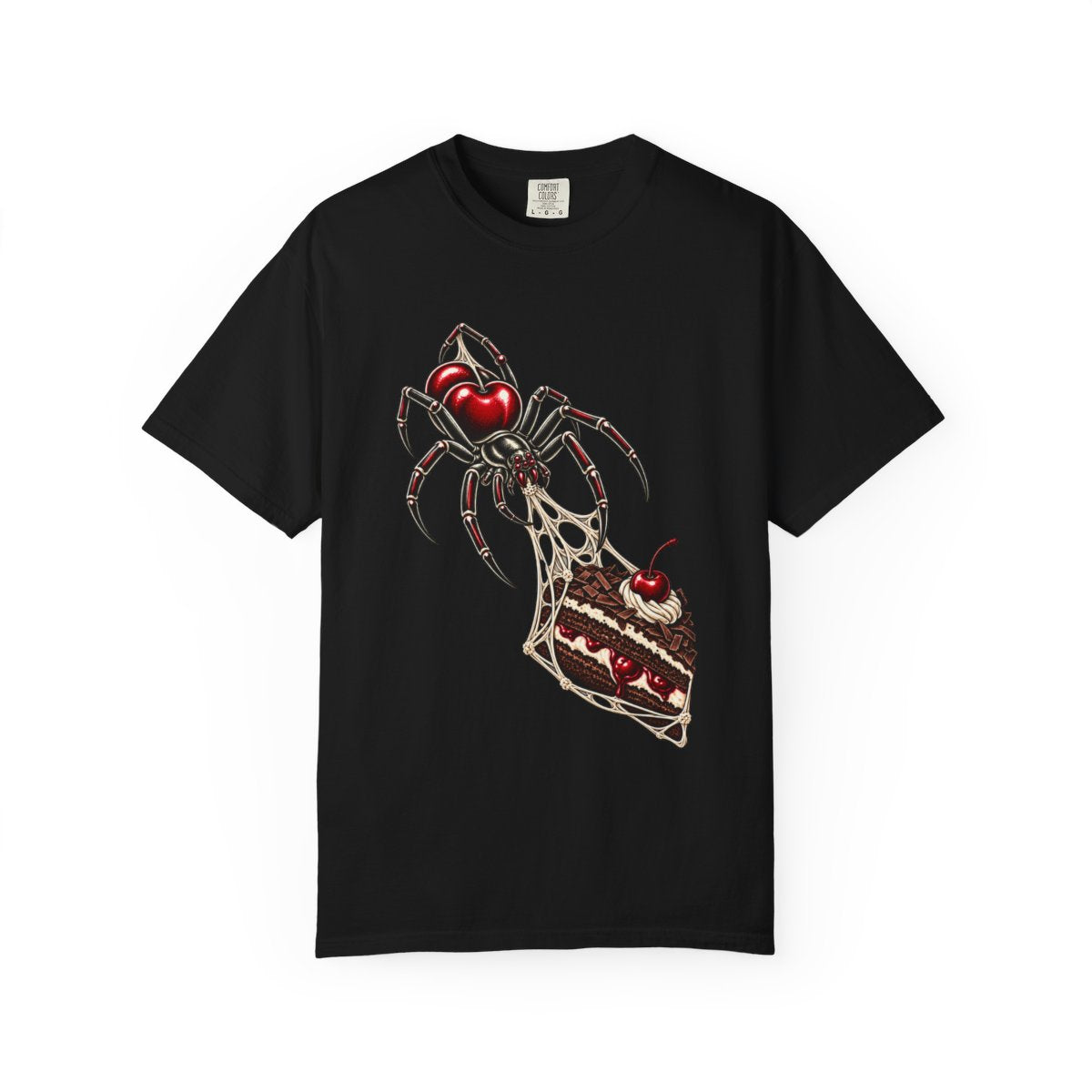 Cherry Widow Tee large front print on a Black Comfort Colors 1717 tee