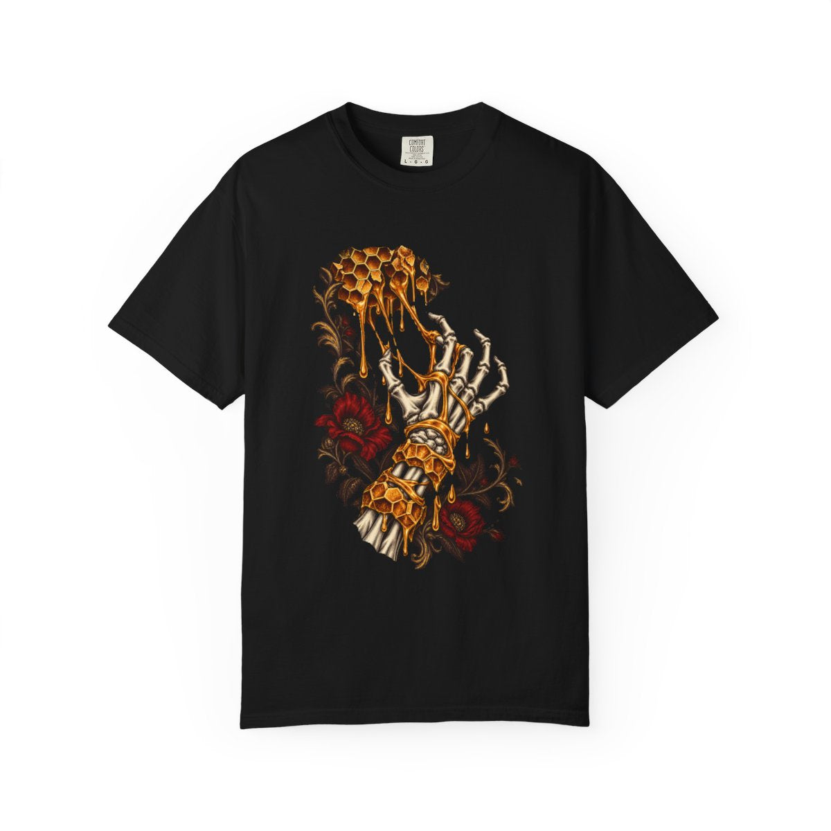 Honey Trap Tee large front print on a Black Comfort Colors 1717 tee