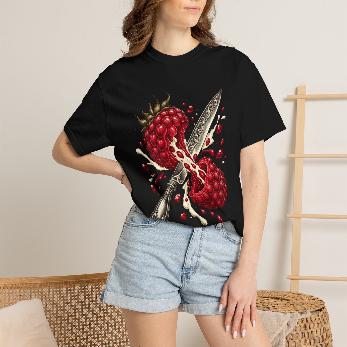 Raspberry Blade Tee worn Printify context view on a Black Comfort Colors 1717 tee