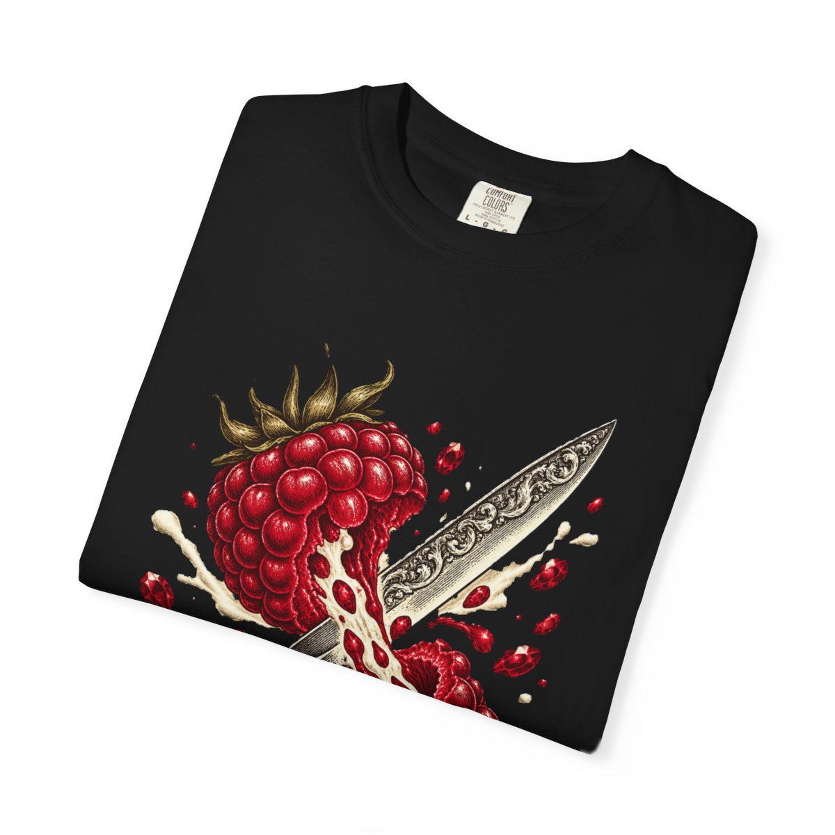 Raspberry Blade Tee folded front print detail