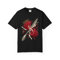 Raspberry Blade Tee large front print on a Black Comfort Colors 1717 tee
