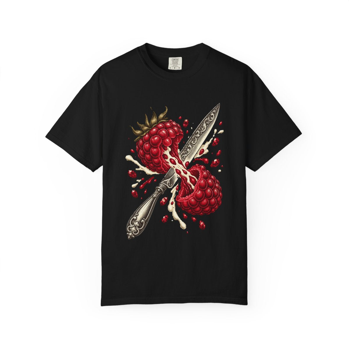 Raspberry Blade Tee large front print on a Black Comfort Colors 1717 tee