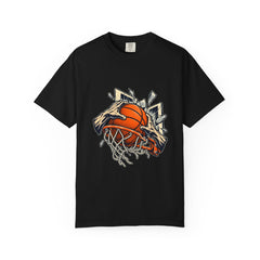 Shattered Backboard Tee large front print on a Black Comfort Colors 1717 tee