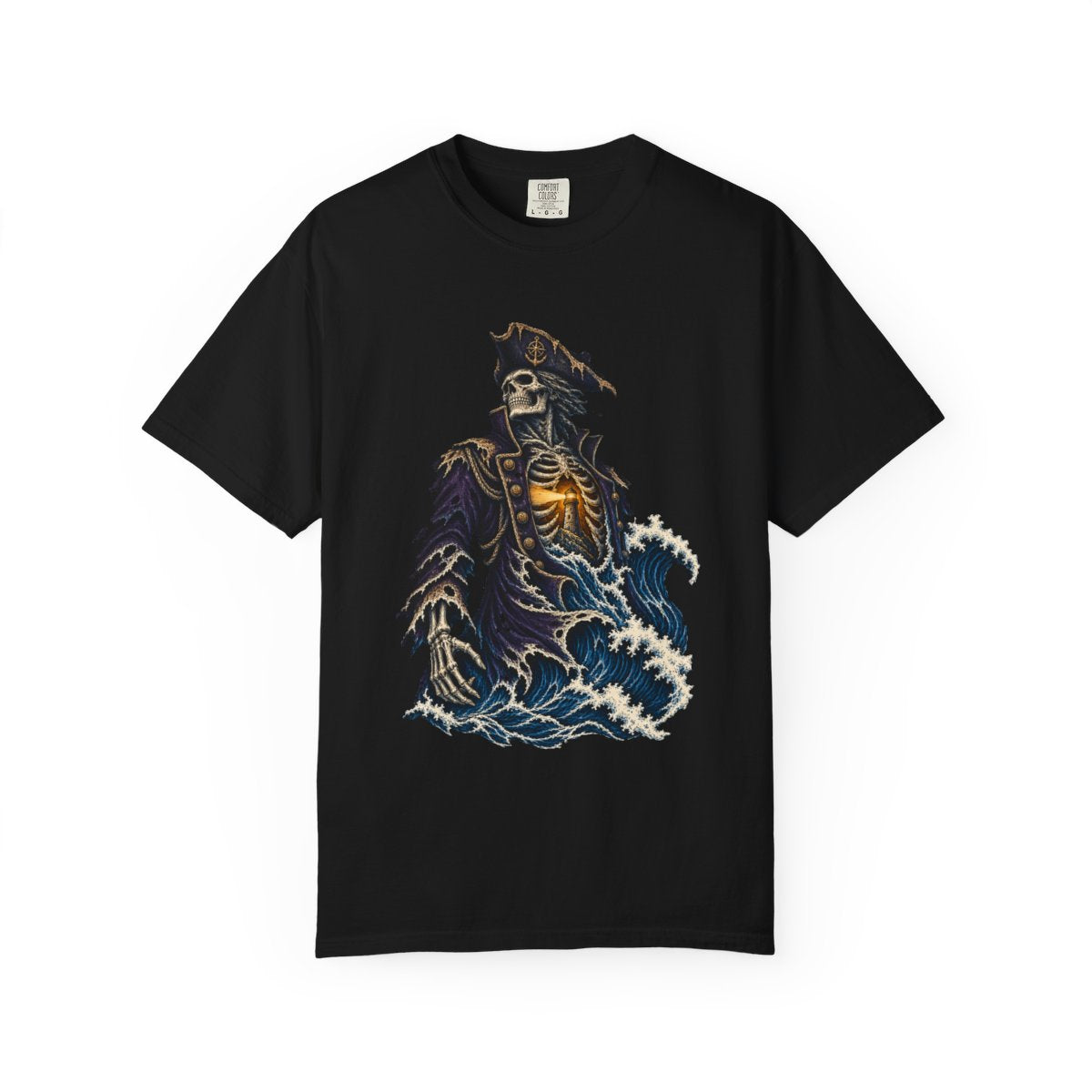 Captain Below Tee large front print on a Black Comfort Colors 1717 tee