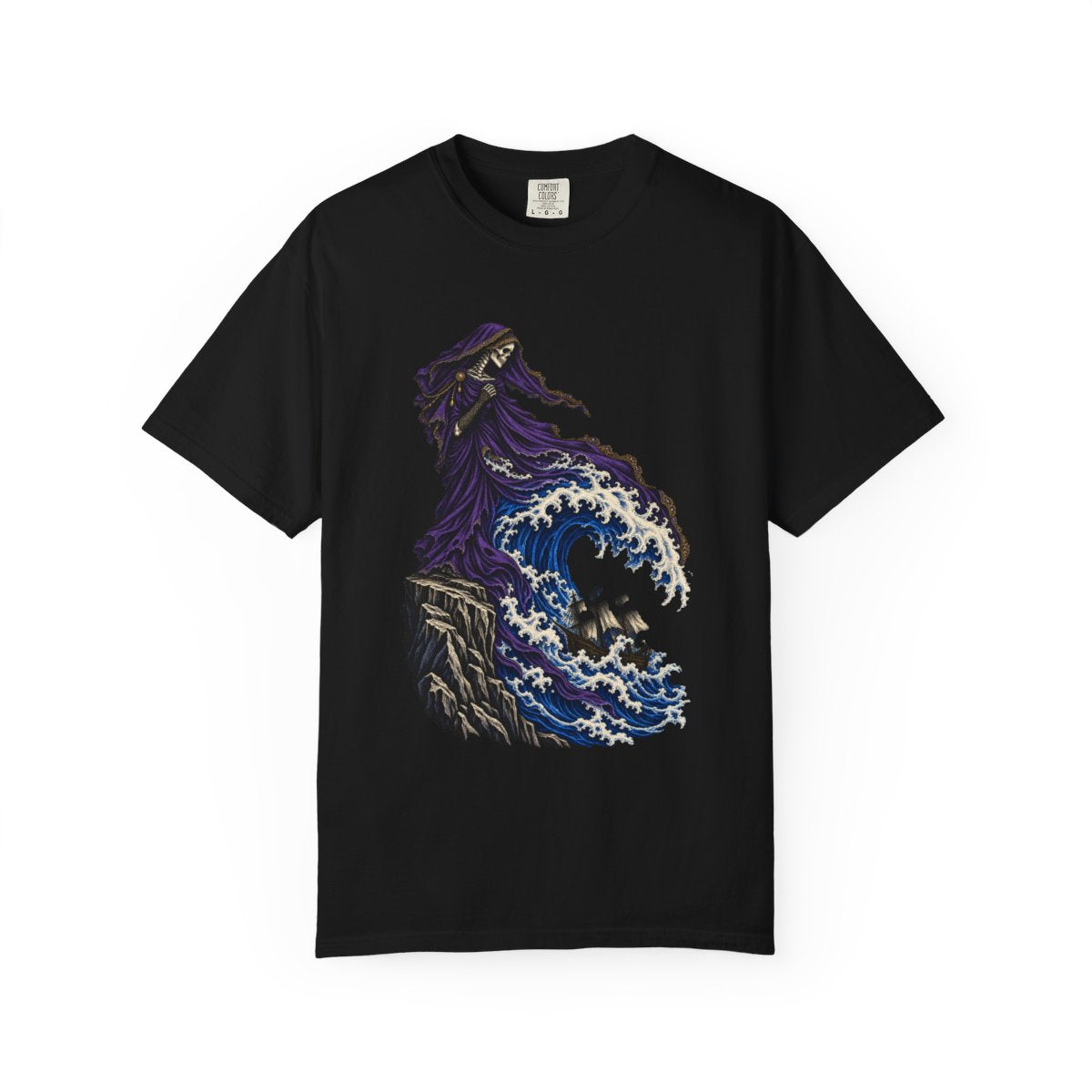 Widow's Wave Tee large front print on a Black Comfort Colors 1717 tee