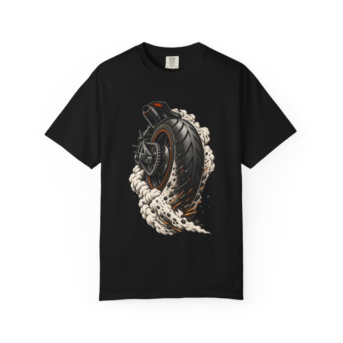 Burnout Tee large front print on a Black Comfort Colors 1717 tee