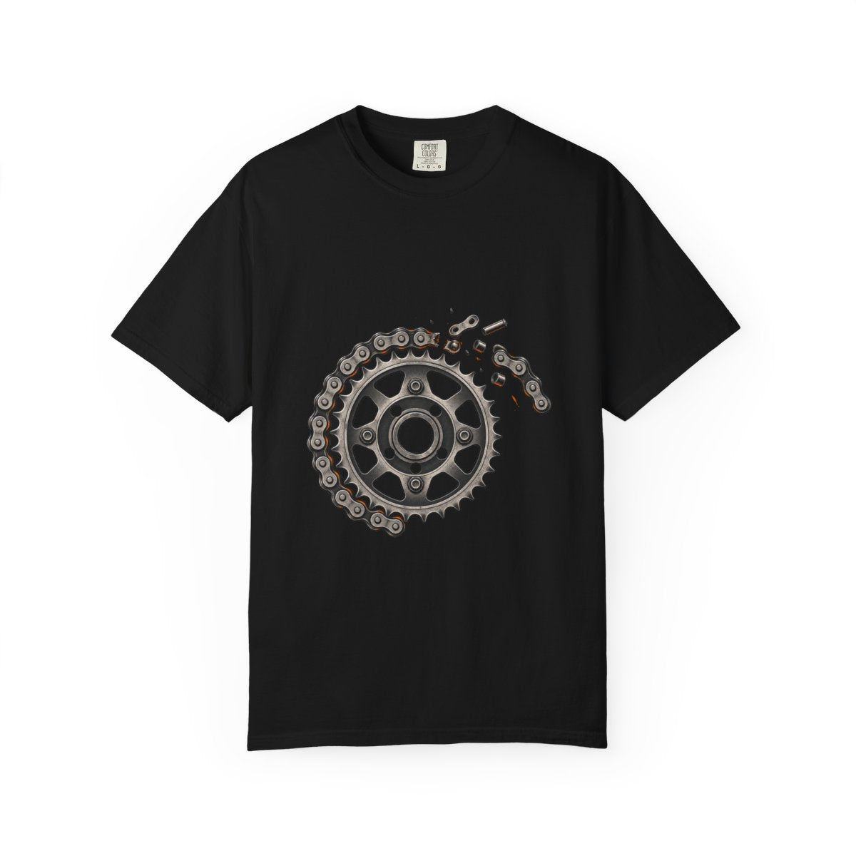 Chain Snap Tee large front print on a Black Comfort Colors 1717 tee
