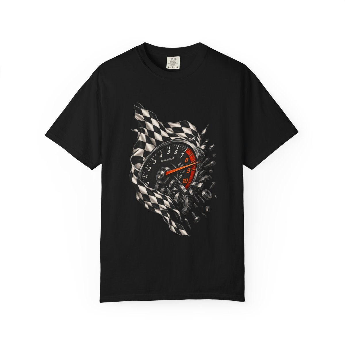 Finish Line Tee large front print on a Black Comfort Colors 1717 tee