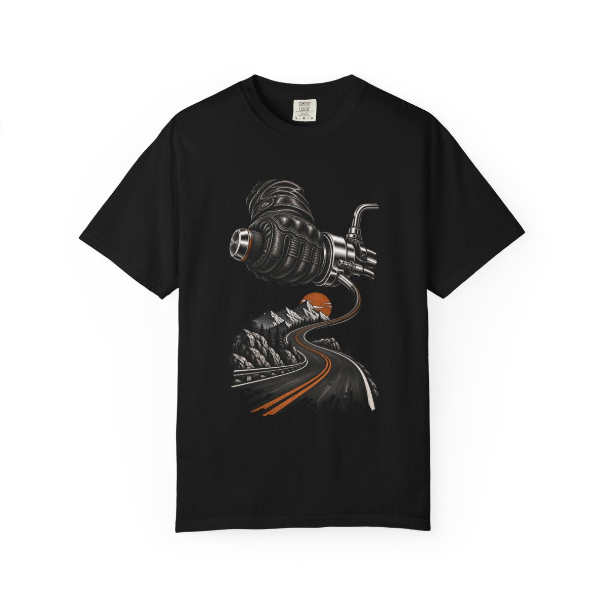 Open Throttle Tee large front print on a Black Comfort Colors 1717 tee