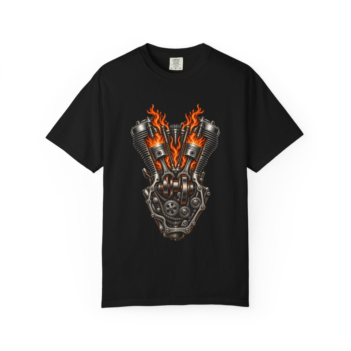 Piston Fire Tee large front print on a Black Comfort Colors 1717 tee