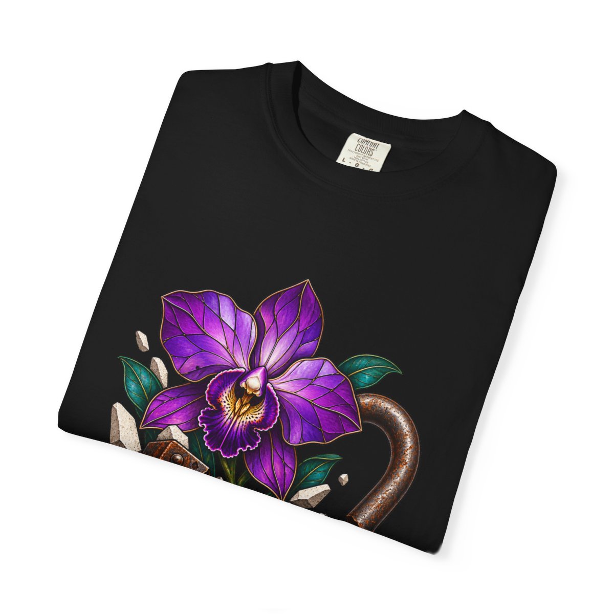 Orchid Lock Tee folded front print detail