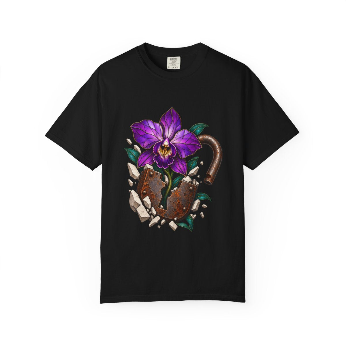 Orchid Lock Tee large front print on a Black Comfort Colors 1717 tee